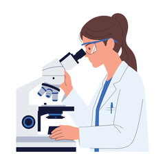 Female Scientist Using Microscope: Modern Flat Vector Illustration