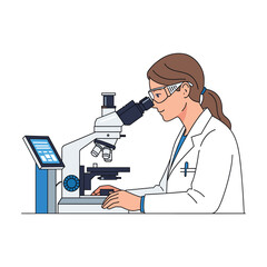 Female Scientist Using Modern Microscope: Line Art Illustration