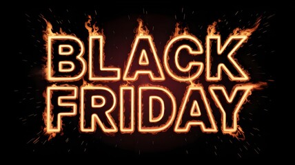 Black friday text on fire with sparks and dark background