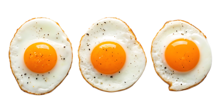 Three fried eggs with bright orange yolks and pepper seasoning against a black background studio shot