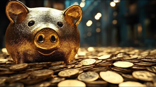 A gleaming golden piggy bank sits nestled amongst a bed of scattered gold coins, symbolizing wealth and savings.