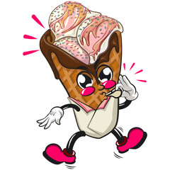 waffle ice cream with chocolate and sprinkles mascot blowing the whistle, work of hand drawn