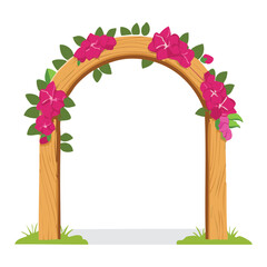 A simple and elegant white archway adorned with beautiful pink and red flowers, creating a serene and romantic garden or wedding scene