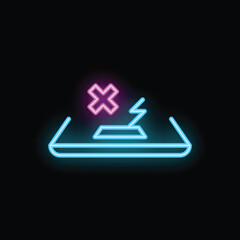 Bright blue and pink neon sign showing a wireless charger not working, with a cross over it, on a black background