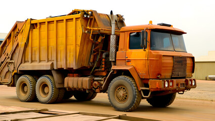 Heavy duty orange garbage truck with large cargo container