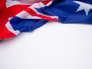 Australian national flag fabric on white background.