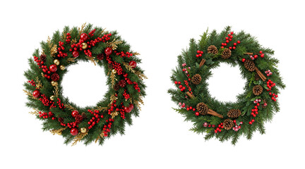 Two Christmas Wreaths with Pinecones, Berries, and Festive Accents