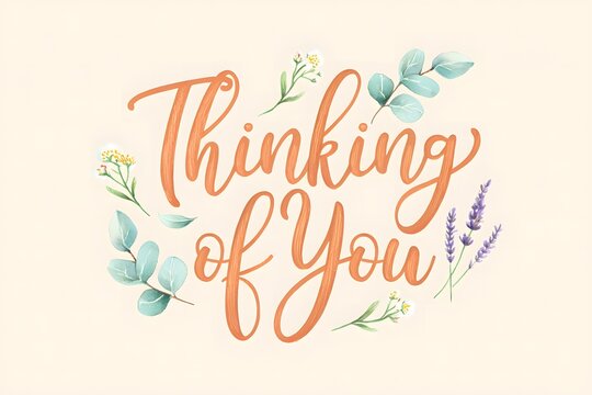 Romantic "Thinking of You" greeting card illustration with soft florals