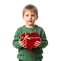 Child Holding Heart-Shaped Gift Box in Green Sweater