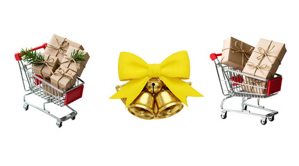 Mini Shopping Carts with Holiday Gifts and Golden Bells