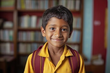 Portrait of a Smiling Indian Schoolboy with a Backpack