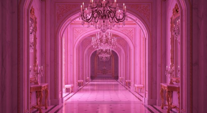 Luxurious Pink Wedding Hall Elegant Chandeliers Ornate Decor Grand Interior