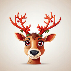 Cute Cartoon Reindeer Head with Big Eyes and Red Nose on White Background