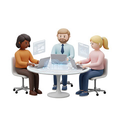 3D Cartoon Team Collaborating Around Table with Laptops