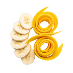 Artistic Arrangement of Banana Slices and Mango Swirls on White Background
