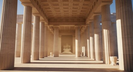 Ancient Greek Style Temple with Tall Columns Under Bright Sunlight