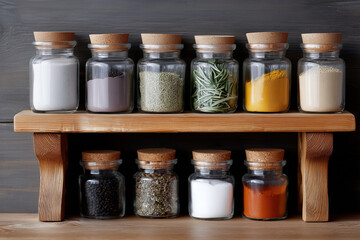 Visual display of various spices and herbs organized neatly on a shelf