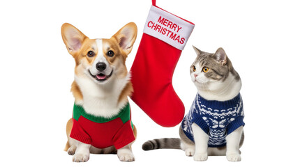 Festive Dog and Cat in Holiday Sweaters with Christmas Stocking on White Background