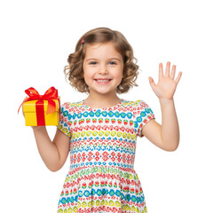 Smiling Child in Colorful Dress Holding Gift Box and Waving on White Background