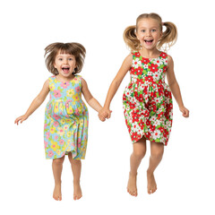 Joyful Children Jumping in Floral Dresses Holding Hands on White Background