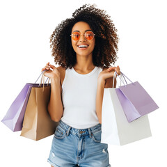Smiling Shopper in White Top and Denim Shorts Holding Colorful Shopping Bags