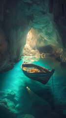 Mystical Cavern with a Boat: An old boat rests peacefully inside a flooded cavern, creating a serene spectacle under a mysterious light, invoking feelings of adventure and solitude. 