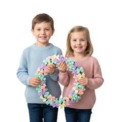 Smiling Children Holding Pastel Paper Flower Wreath on White Background