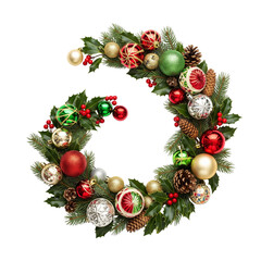 Festive Christmas Wreath Shaped Like Letter C with Ornaments and Pinecones