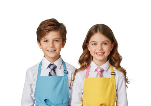 Smiling Children in Aprons and Ties Posing Together on White Background
