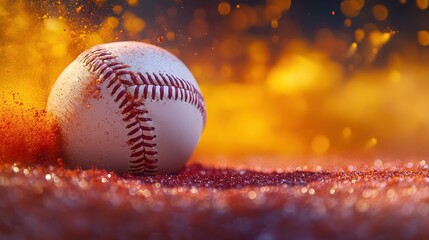 A baseball with red stitching resting on a surface covered in glitter with a bokeh background