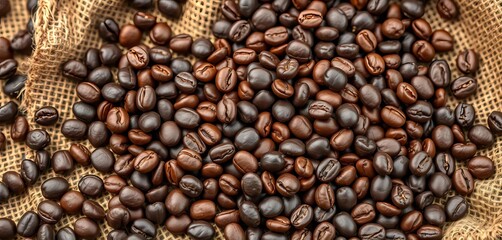 Dark roasted coffee beans scattered on burlap sack,  burlap,  brown