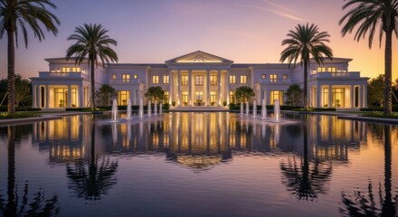 Luxury Modern Mansion with Reflective Water Fountain and Tall Palm Trees at Sunset