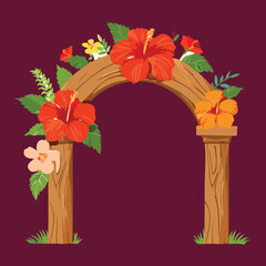 A majestic arched gate with tropical red flowers and green leaves