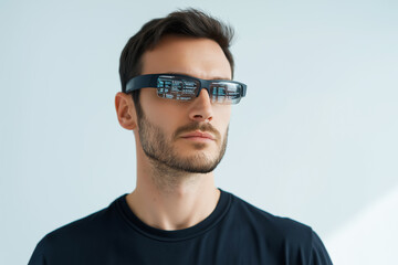 Obraz premium Man wearing smart glasses showcasing augmented reality display