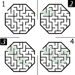 Illustration with labyrinth, maze conundrum for kids. Baby puzzle with entry and exit. Children puzzle game. 4 steps to complete the maze.