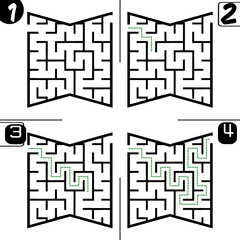 Illustration with labyrinth, maze conundrum for kids. Baby puzzle with entry and exit. Children puzzle game. 4 steps to complete the maze.