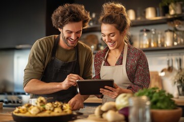 Cheerful young couple cooking a meal together in their modern kitchen