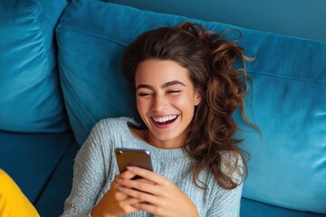 Joyful young woman laughing heartily while using her smartphone on a couch