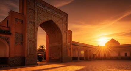 Historic Islamic Architecture Gateway at Sunset with Warm Lighting and Ornate Detailing