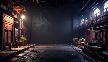 A dimly lit, industrial alleyway featuring train tracks, old buildings, and a vintage street lamp.