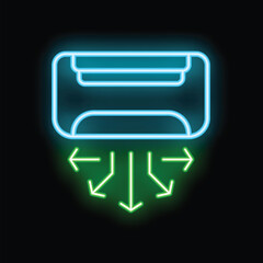 Glowing neon line icon of an air conditioner blowing cold air represented by green arrows pointing down