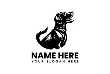 Black and White Dog Logo with Collar Tail and Open Mouth.
