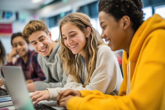 Group of happy diverse teenage students working together on a laptop