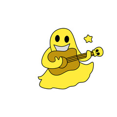 Cute yellow ghost playing guitar Halloween illustration