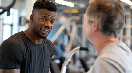 A fitness trainer engages in an animated discussion with a client, focusing on gym techniques and workout strategies to enhance performance and achieve fitness goals.