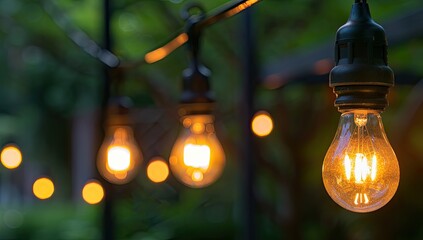 Warm-toned incandescent bulbs strung on a wire, softly lit against a blurred green backdrop, creating a cozy and inviting ambiance
