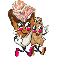 waffle ice cream with chocolate and sprinkles mascot walking with the cannoli character, work of hand drawn