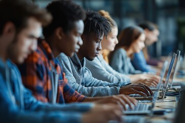 Diverse group of university students focused on working with laptops in a row