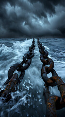 Sea of Shackles: A weathered, industrial chain stretches towards the horizon, as if shackling the sea, beneath a brooding sky, evoking themes of constraint and power.