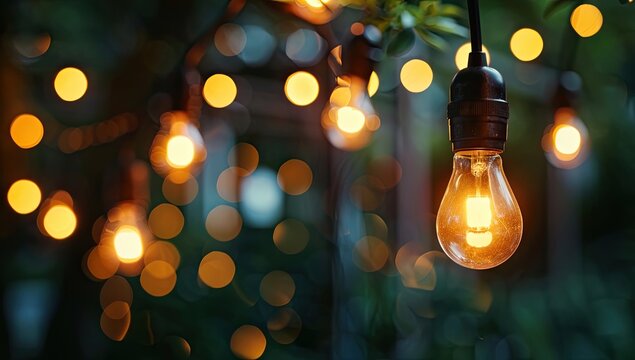 Warm-toned incandescent bulb in focus, hanging amongst a string of softly blurred lights, set against a dark, leafy backdrop
